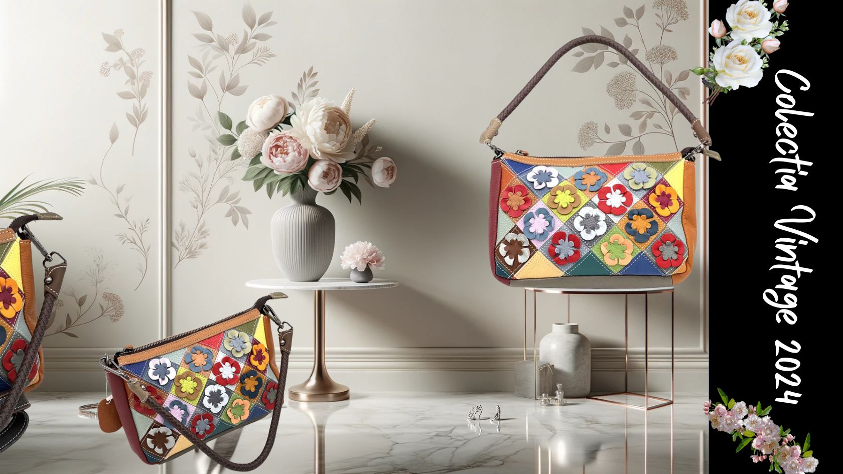 geanta dama cu imprimeu floral colectia vintage 2024
